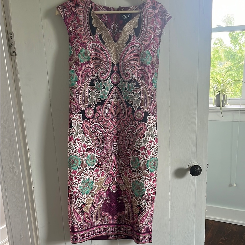 ECI Pink Sheath Midi Dress V-Neck